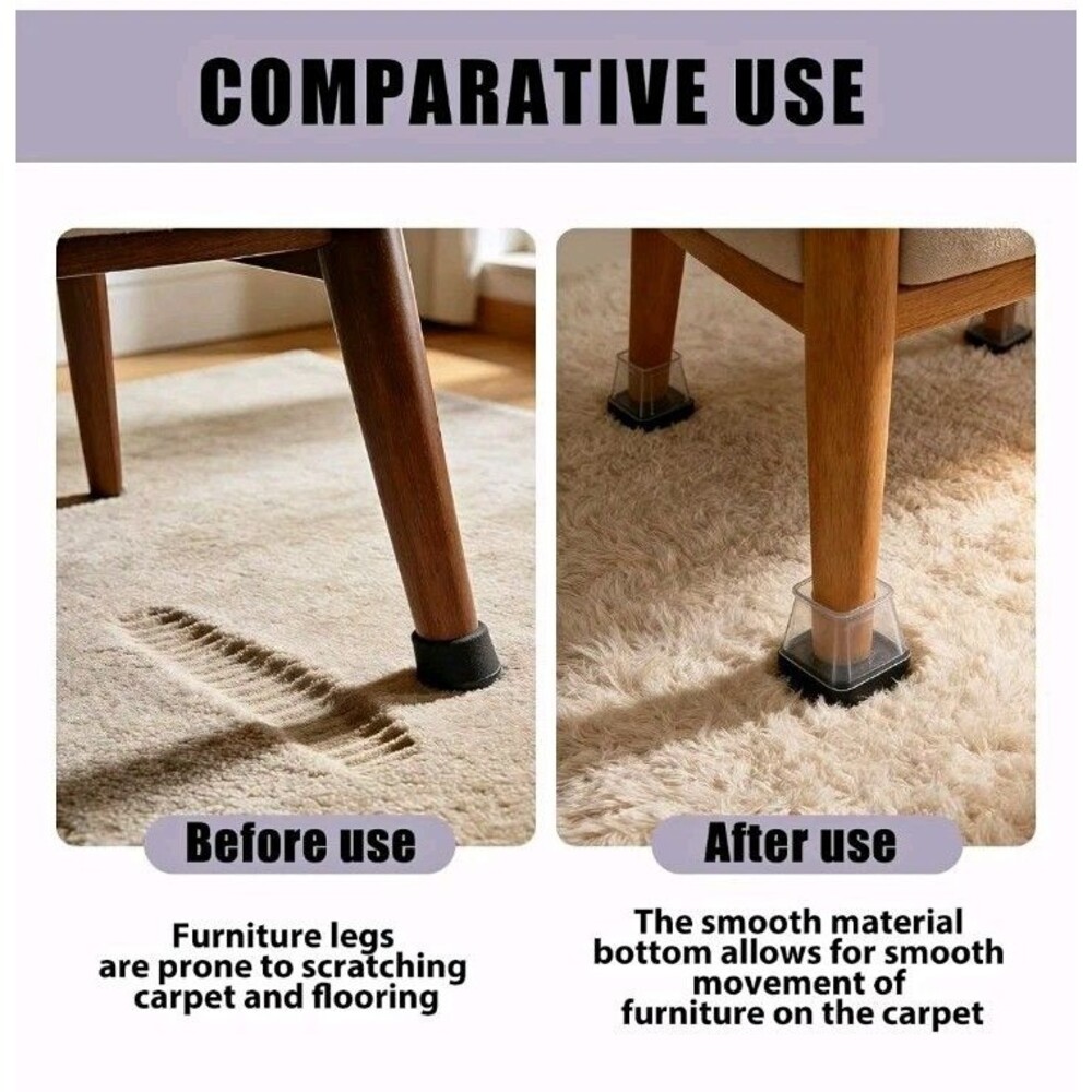 Square Furniture Leg Floor Protector Caps, Anti-Scratch, Easy Install, Black